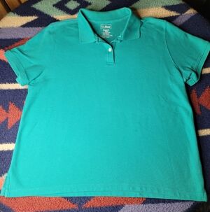 LL Bean Polo Shirt Womens Large Teal Green Relaxed Fit Cotton Golf Classic Top